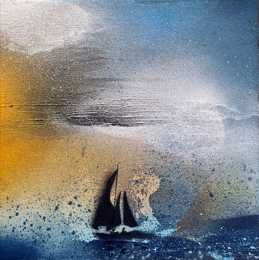 Peinture marine abstraite 20x20cm représentant un voilier dans la tempête sous un ciel d'orage