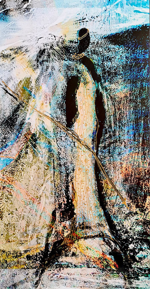 Tableau d'art numérique abstrait Près du Nil avec silhouette élancée et détails dorés 60x30 cm
