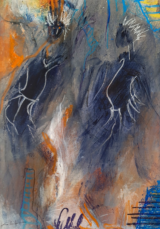 Peinture abstraite Sensations par l'artiste Kellestom, format 30x40cm. Silhouettes et visages expressifs bleus et orangés.