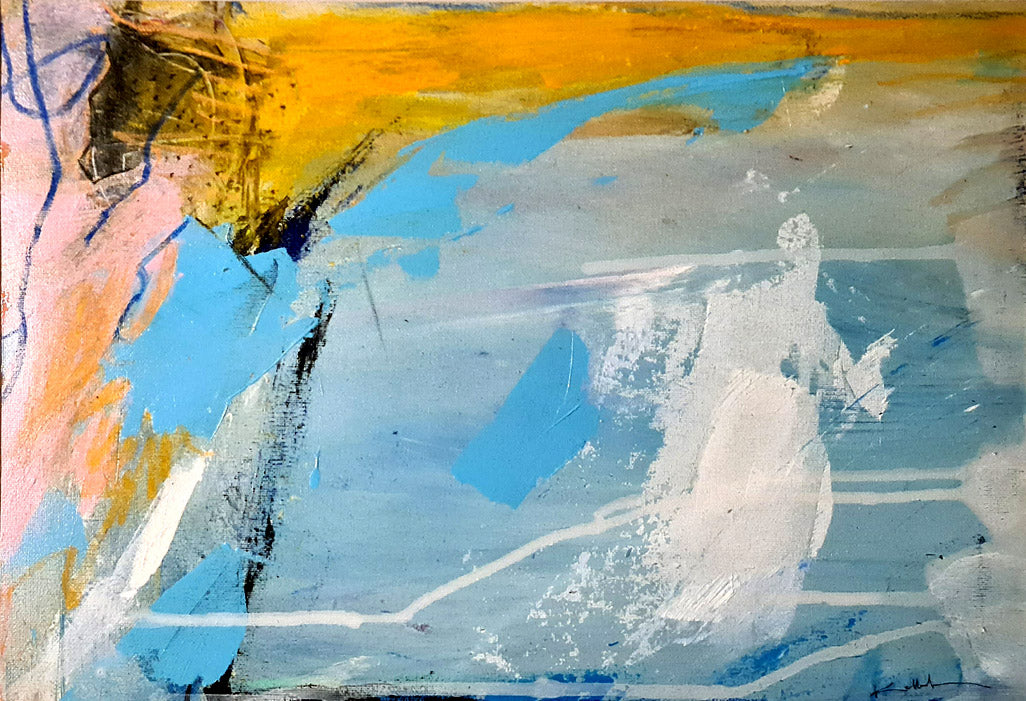 Peinture abstraite marine bleue et blanche évoquant les paysages côtiers bretons, l'écume des vagues et la lumière de l'océan.