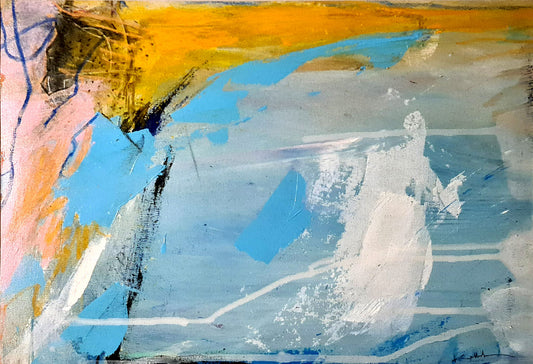 Peinture abstraite marine bleue et blanche évoquant les paysages côtiers bretons, l'écume des vagues et la lumière de l'océan.