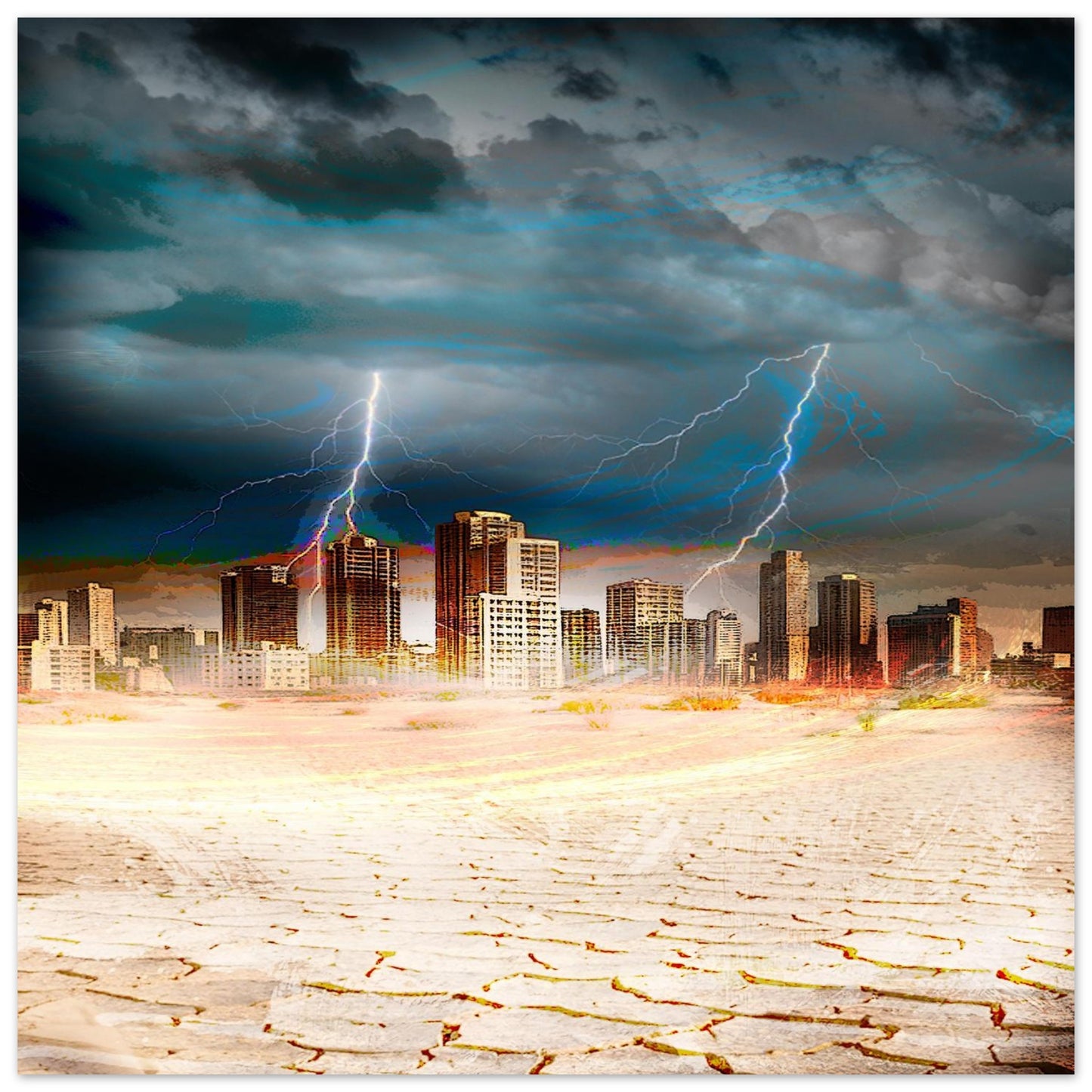 L’aspect dramatique et mystérieux du désert sous une tempête Une atmosphère dramatique et mystérieuse, évoquant la dualité entre la blancheur implacable du désert et la violence d'un ciel noir illuminé par des éclairs. Art digital sur alu