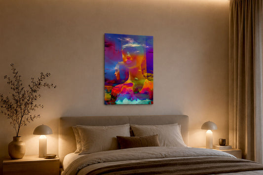 Oeuvre d'art numérique "La tête dans les nuages" imprimée sur aluminium, portrait surréaliste et coloré. 100x70cm 