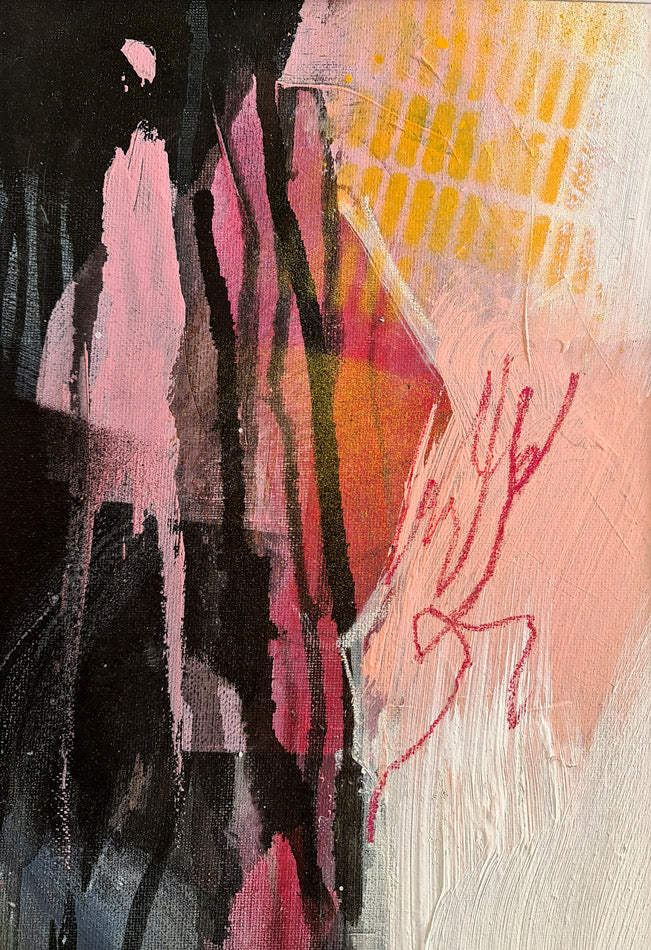 Peinture abstraite Utopie par Kellestom - Nuances de noir, rose, orange et motifs géométriques jaunes"Utopie "- Kellestom