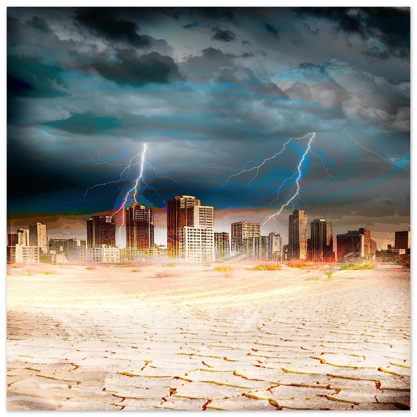 L’aspect dramatique et mystérieux du désert sous une tempête Une atmosphère dramatique et mystérieuse, évoquant la dualité entre la blancheur implacable du désert et la violence d'un ciel noir illuminé par des éclairs. Art igital sur alu