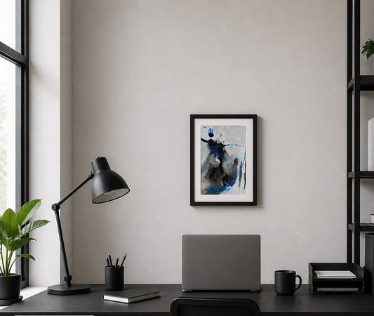 Peinture abstraite contemporaine noir gris et bleu électrique encadrée noir 30x40 cm œuvre originale Kellestom