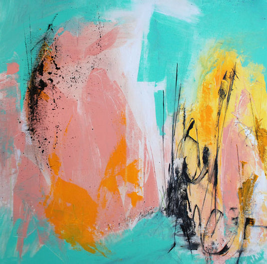 peinture abstraite  rose et jaune trits noirs