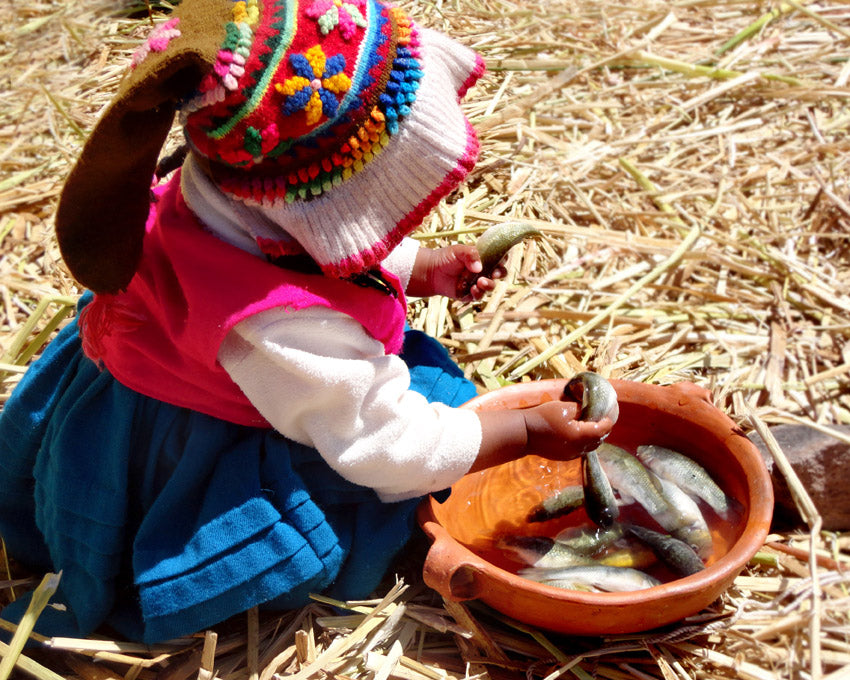 Pérou le lac Titicaca . Les îles flottantes d'Uros , un enfant des habitants des Uros qui vivent dans des maisons flottantes, attrapant des poissons mis dans une cuvette