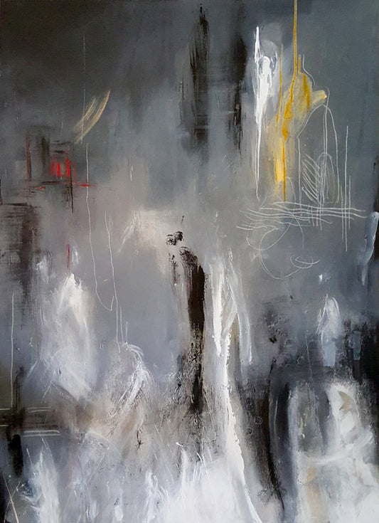 peinture abstraite, fond gris silhouettes blanches et noires. Peinture moderne