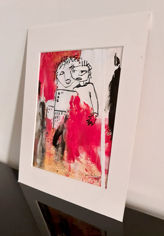 Pensif – Peinture abstraite 2 personnages blancs sur fond rouge 18x13,5cm | Kellestom