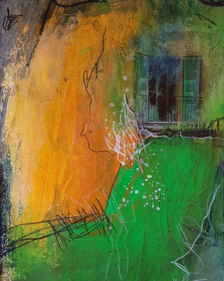 l'endroit secret peinture et collage 40x30cm tons vert et jaune par Kellestom