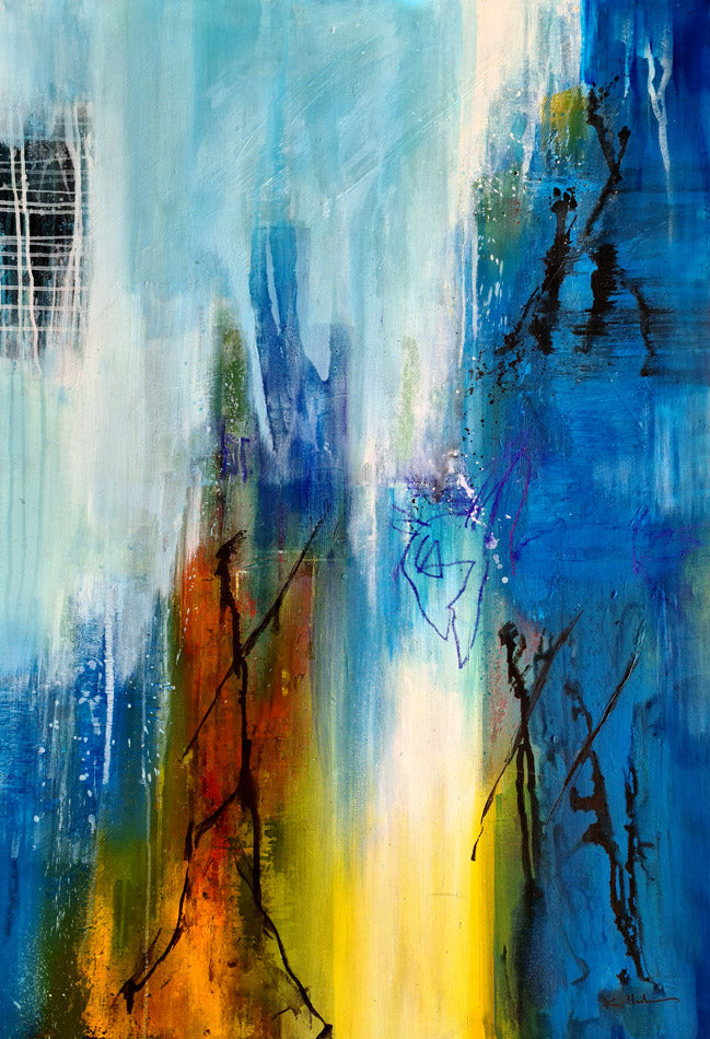 réflexions sur le passage du temps et le sens de la vie.Bleu jaune orangé, peinture sur toile-116x80cm-Kellestom