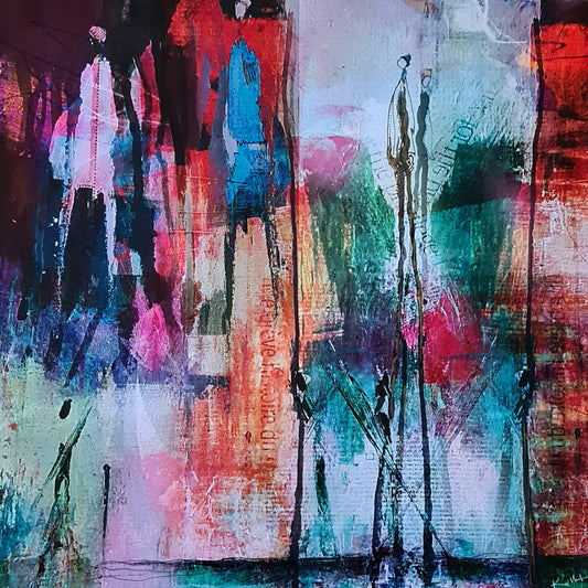 art digital abstrait sur alu 80x80cm longues lignes verticales et ces silhouettes étirées deviennent des danseurs oeuvre unique