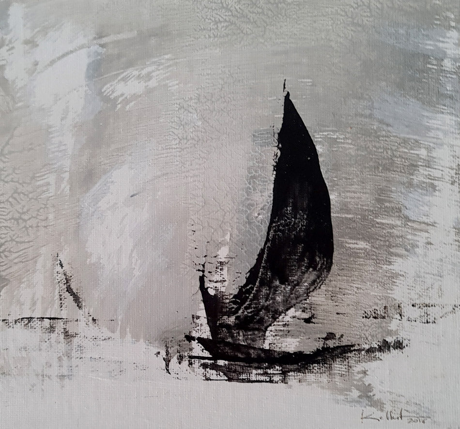 Halong Bay - painting of a black sail on a grey background. Canvas board 19x19cm