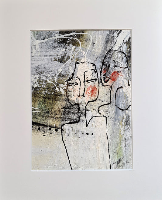 Peinture sur toile petit format (20x15 cm) de Kellestom "Quiétude". Deux personnages minimalistes aux lignes noires épaisses sur un fond texturé aux nuances de blanc, gris, olive et beige. Joues  marquées de rouge, et des coulures de peinture blanche parsèment le haut de la composition
