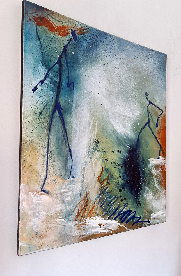 peinture abstraite sur toile dominante bleue silhouettes filiformes 55x46cm
