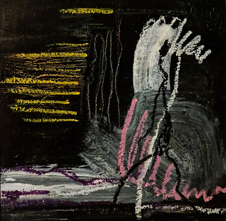 Peinture abstraite expressionniste Nuit Noire 35x35 cm de l'artiste Kellestom, fond noir avec contrastes blanc, jaune et rose.