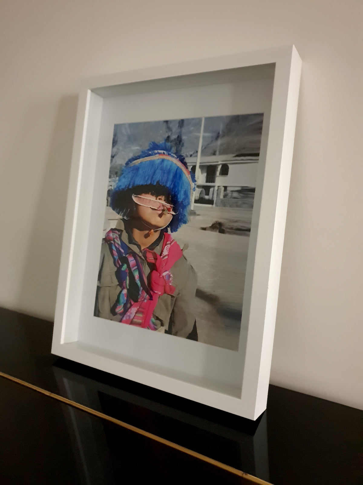 Cusco - unusual blue hat photo - Peru. White frame 30x40cm - Kellestom