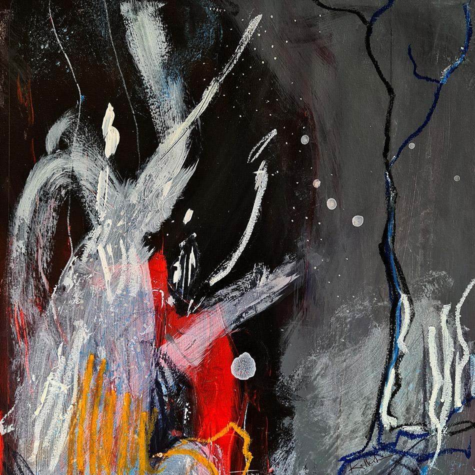 Tableau abstrait Poussière de fée par Kellestom - Peinture expressive contemporaine noir, rouge et blanc