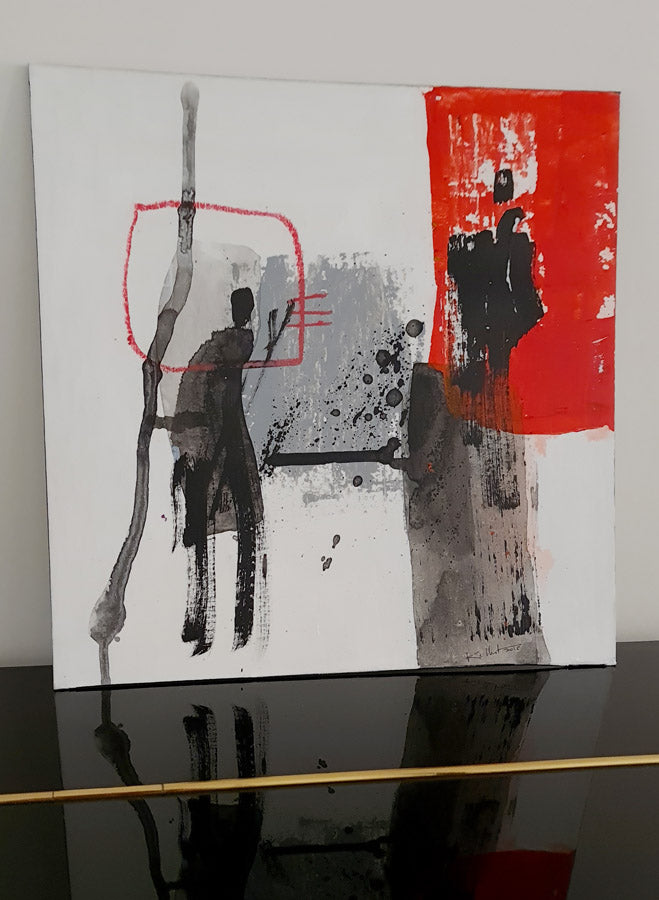 Tableau abstrait Rencontre de Kellestom silhouettes noires sur fond blanc et rouge 36x36