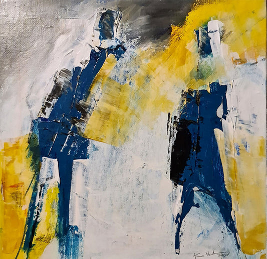Turquoise – Peinture abstraite 2 silhouettes bleues sur fond jaune et blanc 25x25cm | Kellestom