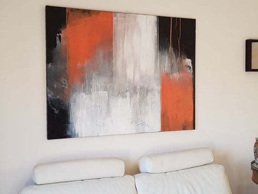 Composition abstraite inspirée des systèmes de perception urbaine. Peinture abstraite 97x130cm  tons orangés et blancs avec du noir- Kellestom