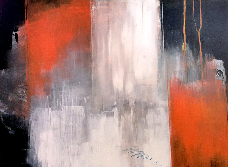Composition abstraite inspirée des systèmes de perception urbaine. Peinture abstraite 97x130cm  tons orangés et blancs avec du noir- Kellestom